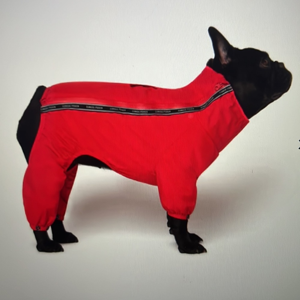 Canada Pooch Insulated Snow Suit in RED w/ Black details. Has hole for hardness.